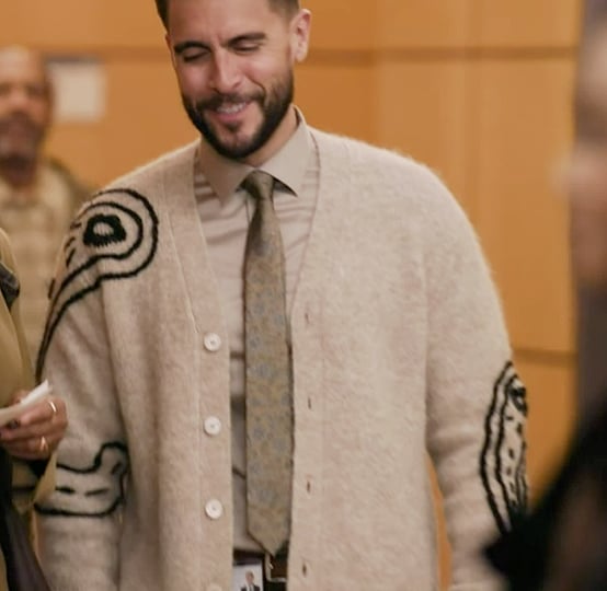 Manny's beige paisley cashmere cardigan on Abbott Elementary