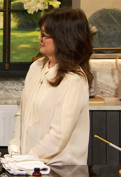 Valerie Bertinelli’s pleated front blouse on The Drew Barrymore Show