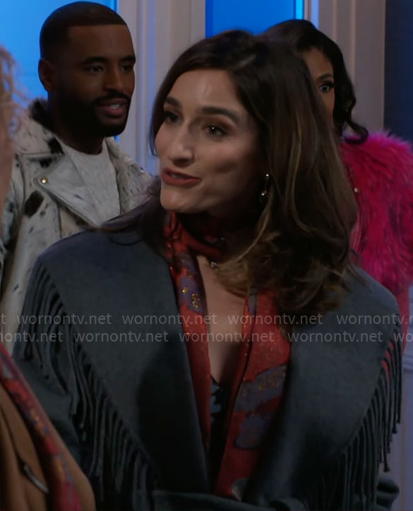 Ashley’s grey fringed coat on Beyond the Gates