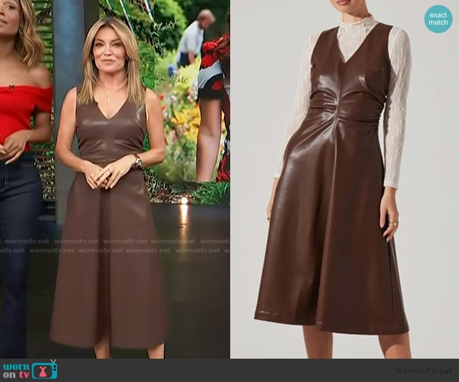 ASTR the Label Omaira Faux Leather Midi Dress worn by Kit Hoover on Access Hollywood