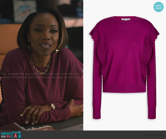 Autumn Cashmere Ruffled cashmere sweater worn by Helen Decatur (Heather Headley) on Sweet Magnolias