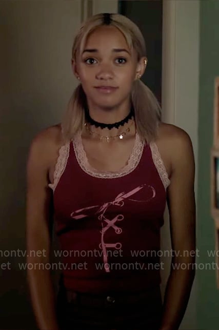 Ava's red lace-trim bow graphic tank top on High Potential