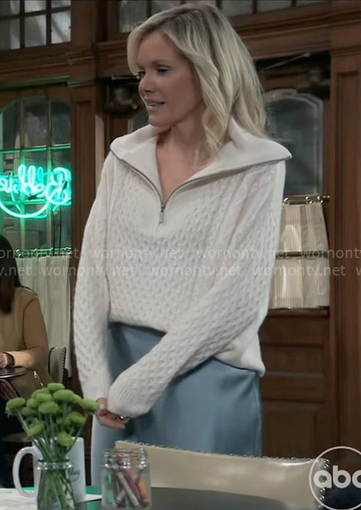 Ava's white cable knit zip sweater on General Hospital