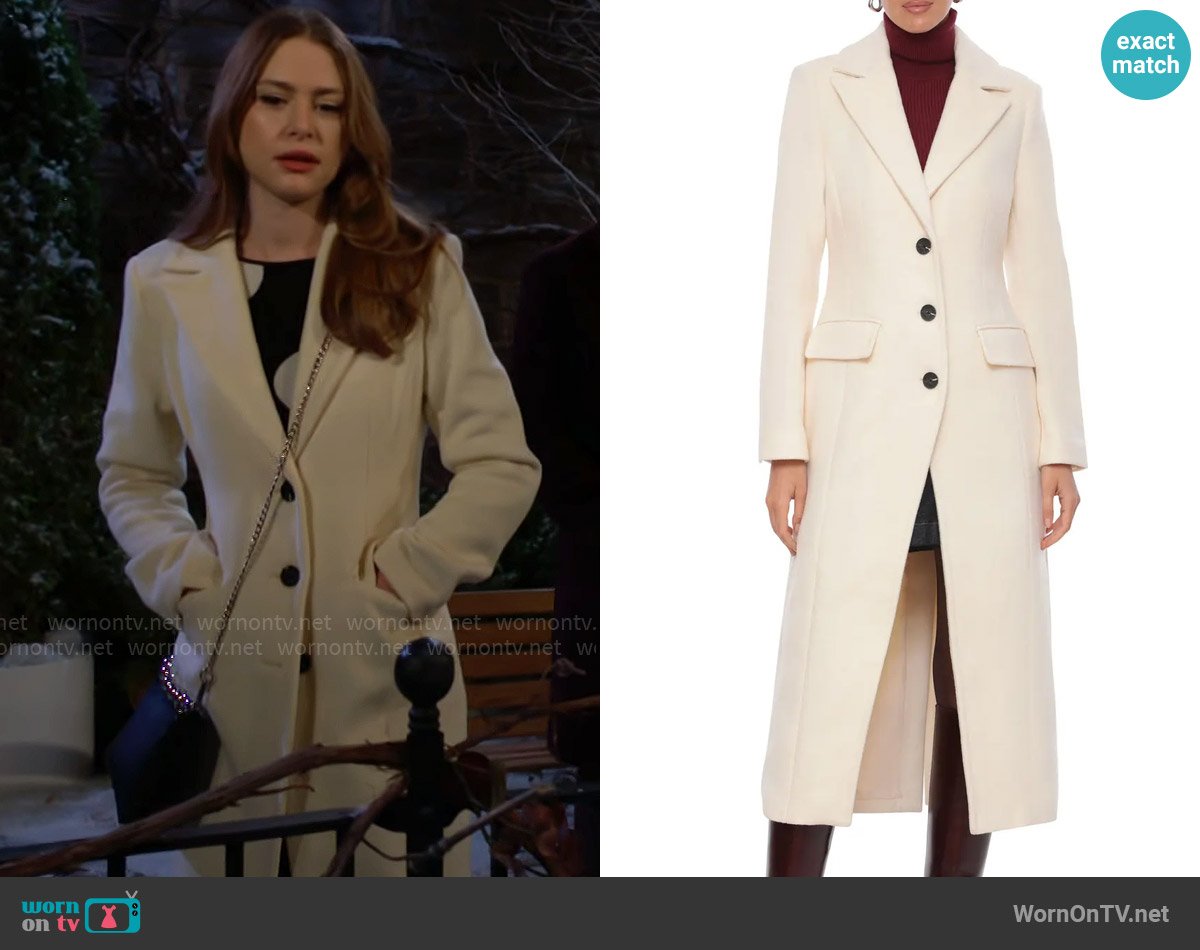 Avec Les Filles Cutaway Coat in Cream worn by Claire Grace (Hayley Erin) on The Young and the Restless