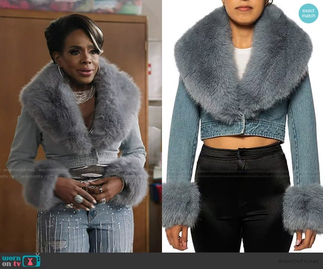 Azalea Wang Gisele-Denim Faux Fur Collared Statement Cropped Jacket worn by Barbara Howard (Sheryl Lee Ralph) on Abbott Elementary