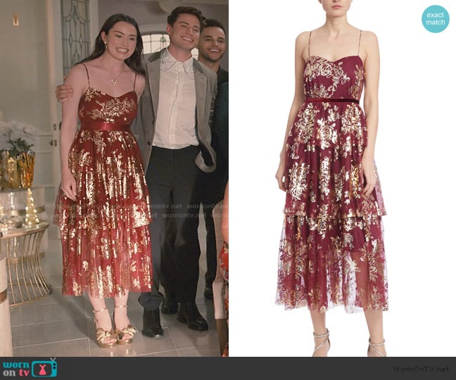 Badgley Mischka Tiered Metallic Tulle Midi Dress worn by Annie Sullivan (Anneliese Judge) on Sweet Magnolias