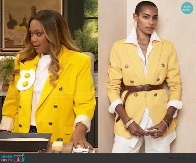 Banana Republic Double Breasted Blazer Yellow Honeycomb worn by Sunny Andersons on The Drew Barrymore Show