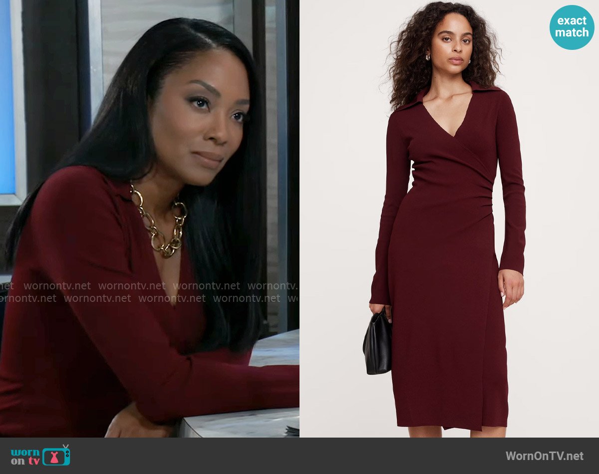 Banana Republic Polo Wrap Sweater Dress in Red Cherry Jam worn by Jordan Ashford (Tanisha Mariko Harper) on General Hospital