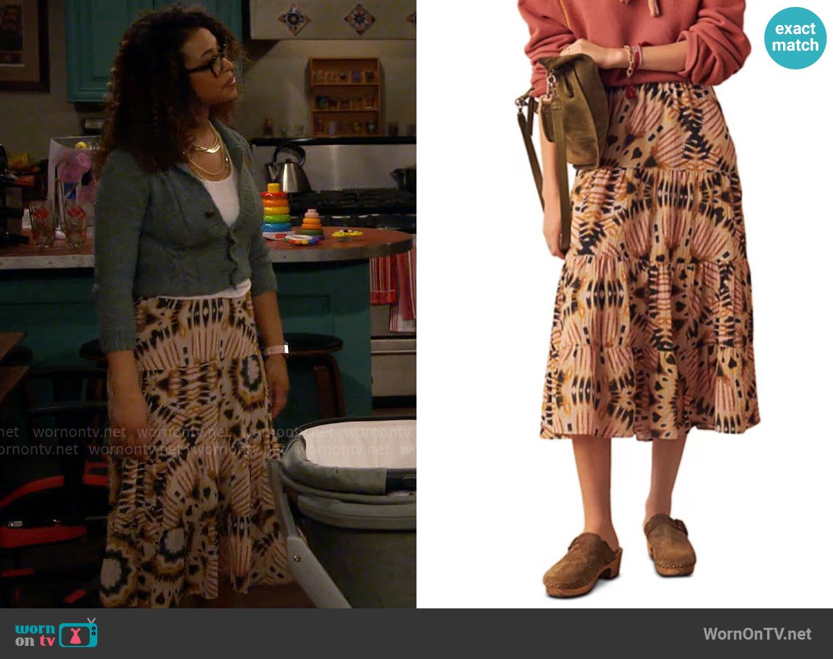 ba&sh Claren Tiered Midi Skirt worn by Courtney (Skye Townsend) on The Neighborhood