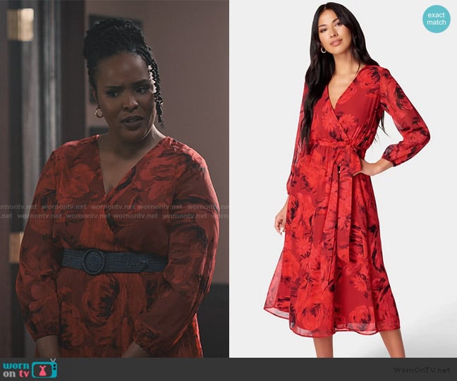 Bebe Print Wrap Midi Dress worn by Peggy (Brittany L. Smith) on Sweet Magnolias