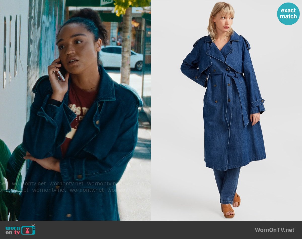 Belle & Bloom Wild Skies Denim Trench worn by Chanelle (Aisha Dee) on Apple Cider Vinegar