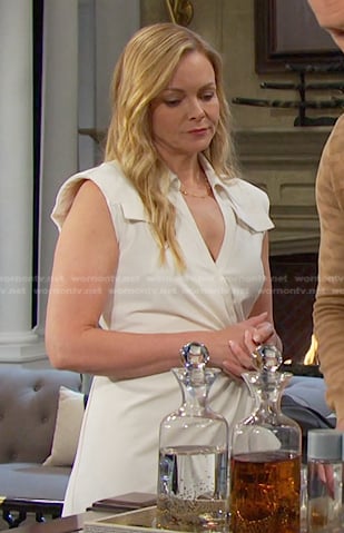 Belle’s white padded shoulder wrap dress on Days of our Lives