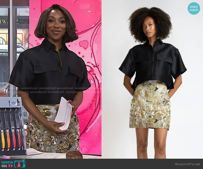 Bibhu Mohapatra Gazaar Trench Shirt and Embroidered Marble Mini Skirt worn by Ego Nwodim on Today