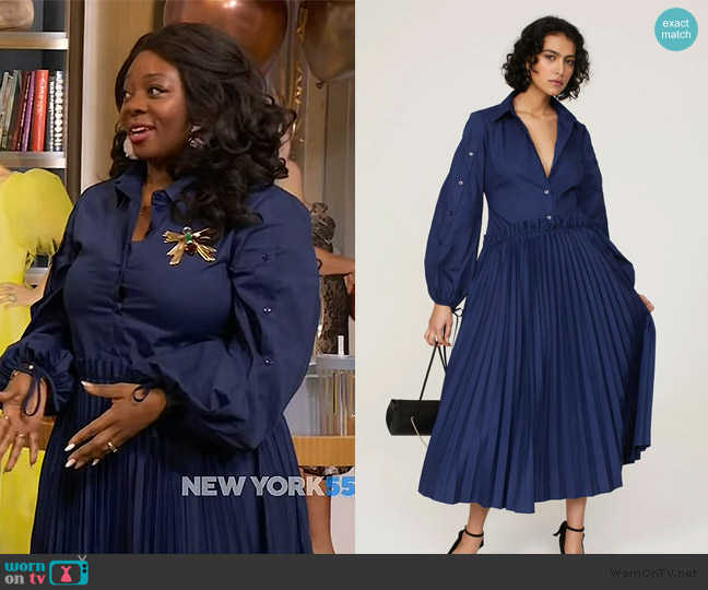 Bibhu Mohapatra x RTR Blue Pleated Shirt Dress worn by Tannese Williams on The Drew Barrymore Show