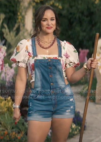 Birdie's floral crop top and denim overalls on Grosse Pointe Garden Society