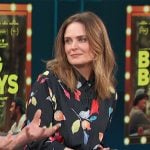 Emily Deschanel’s black floral print dress on Access Hollywood