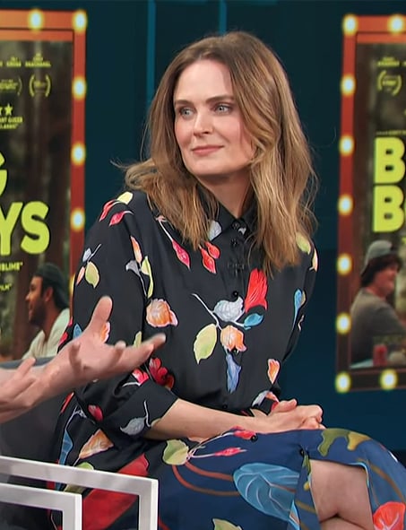 Emily Deschanel’s black floral print dress on Access Hollywood