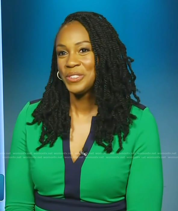 Blayne Alexander’s green contrast trim dress on Access Hollywood