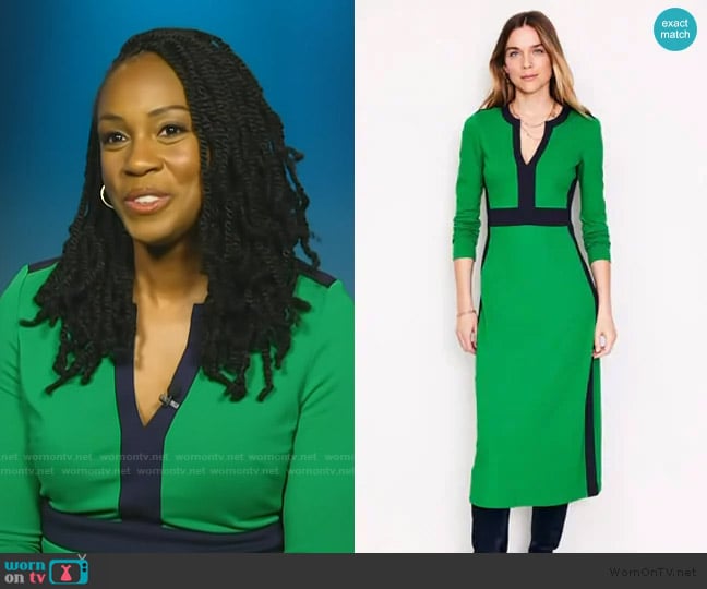 Blayne Alexander’s green contrast trim dress on Access Hollywood