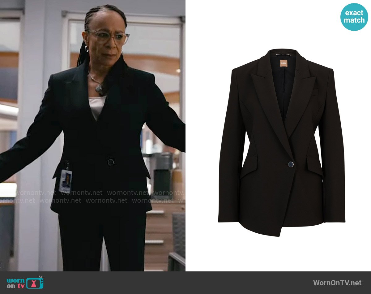 Sharon’s black asymmetric blazer on Chicago Med