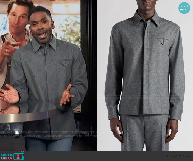 Bottega Veneta Regular Fit Lightweight Wool Flannel Button-Up Shirt worn by Justin Sylvester on E! News