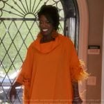 Bozoma’s orange feather trim kaftan dress on The Real Housewives of Beverly Hills