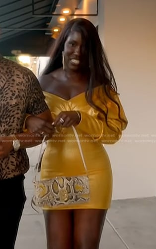 Bozoma's metallic off-shoulder mini dress on The Real Housewives of Beverly Hills