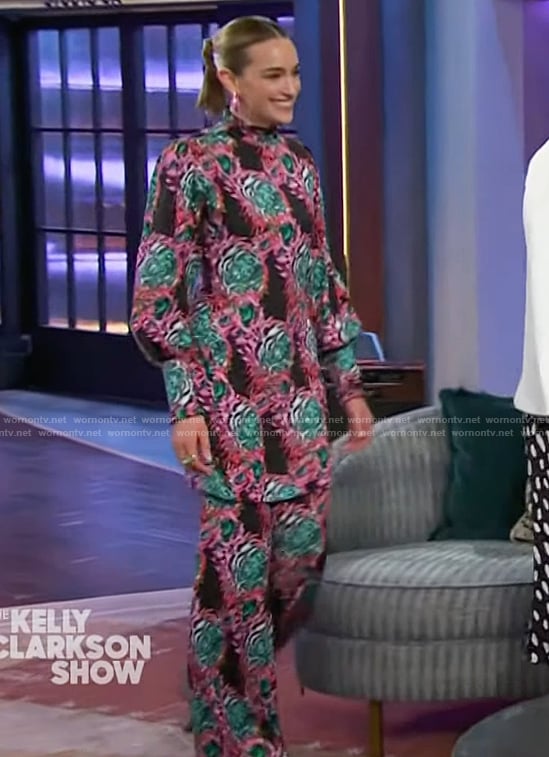 Brianne Howey’s floral print dress and pants on The Kelly Clarkson Show