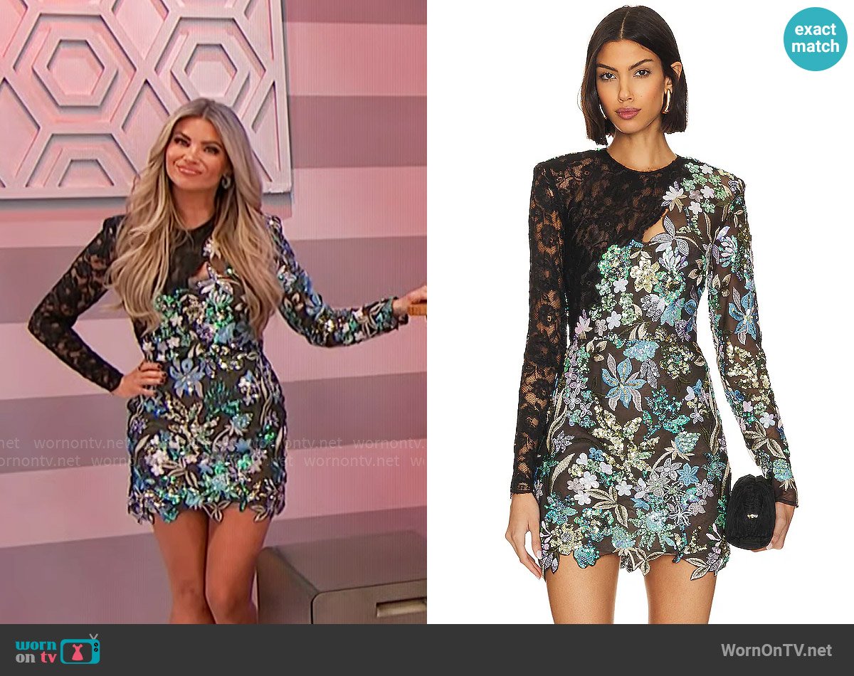 Amber’s floral sequin mini dress with lace sleeve on The Price is Right