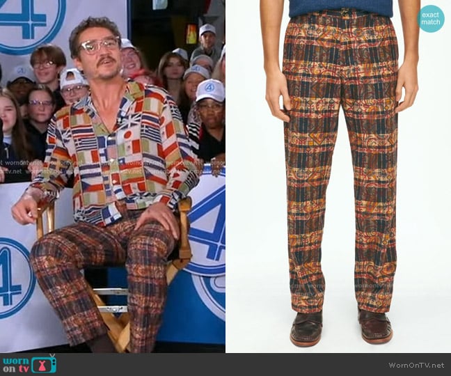 Brooks Brothers Cotton Madras Pants in Slub Overprint Pattern worn by Pedro Pascal on Good Morning America