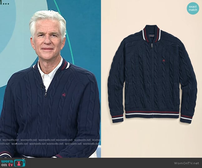 Matthew Modine’s navy cable knit zip sweater on Today