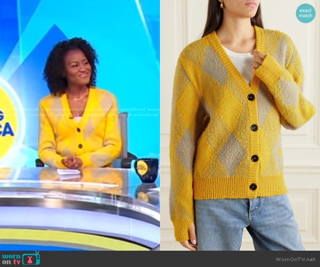 Burberry Argyle Jacquard-knit Wool Cardigan worn by Janai Norman on Good Morning America