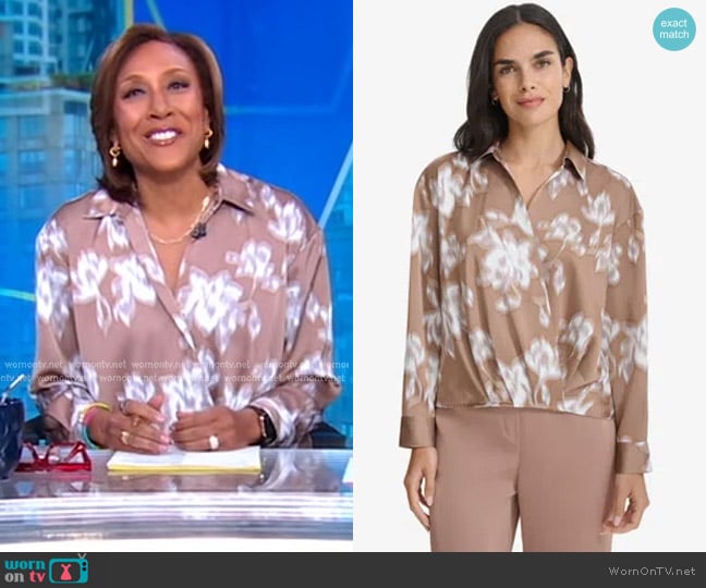 Calvin Klein Printed Faux-Wrap Collared Top in Cafe Ole worn by Robin Roberts on Good Morning America