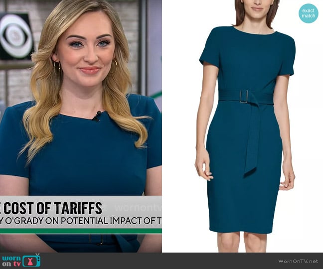 Calvin Klein Classic Belted Sheath Dress in Cypress worn by Kelly O'Grady on CBS Mornings