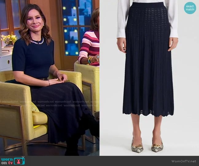 Scanlan Theodore Pleat Lace Skirt in Navy worn by Rebecca Jarvis on Good Morning America