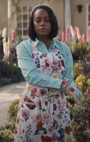 Catherine's green striped shirt and floral apron on Grosse Pointe Garden Society