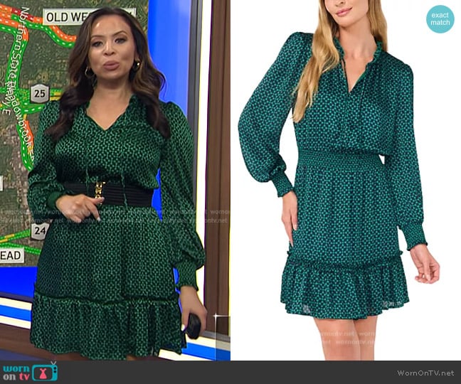 Cece Printed Tie-Neck Smocked-Waist Dress in Lush Meadow worn by Adelle Caballero on Today