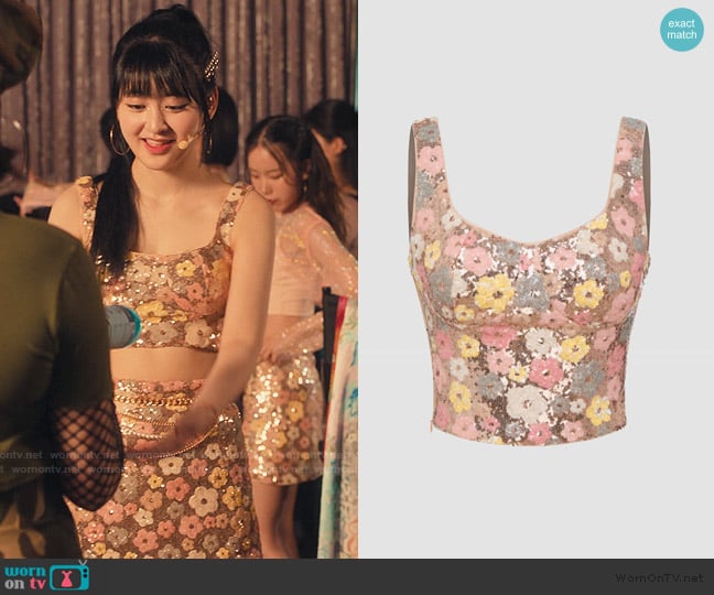 Cider Sequin Scoop Neckline Floral Cami Top worn by Eunice Kang (Ryu Han-bi) on XO Kitty