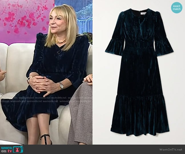 Cefinn Daphne Tiered Plissé-velvet Midi Dress worn by Helen Fielding on Today