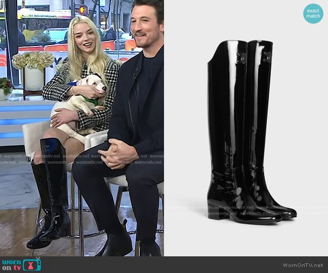 Celine Triomphe Under The Knee Boot in patent calfskin worn by Anya Taylor-Joy on Today