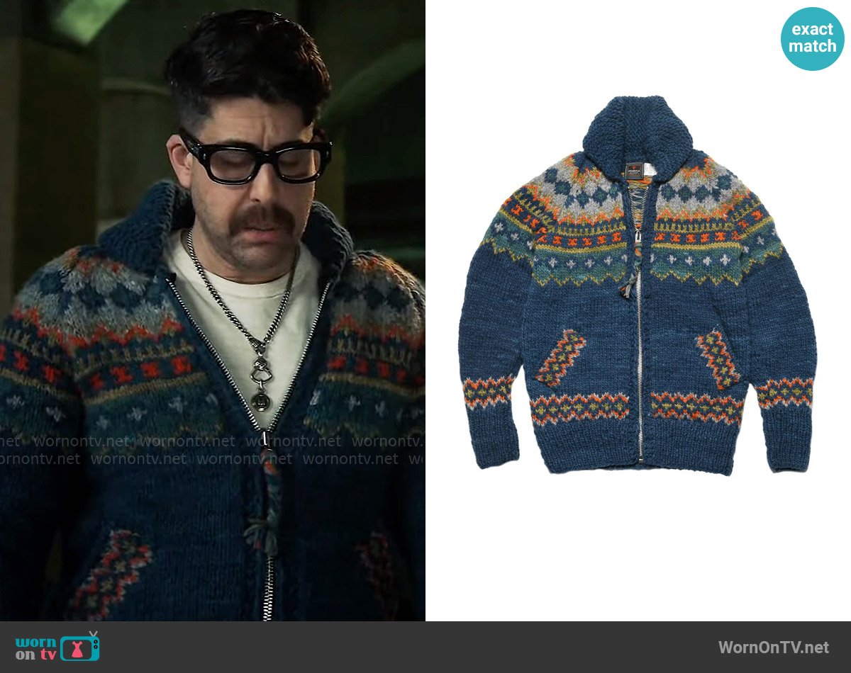 Chamula Fair Isle 3 Zipper Cardigan in Dk. real Indigo worn by Harry Keshegian (Adam Goldberg) on The Equalizer