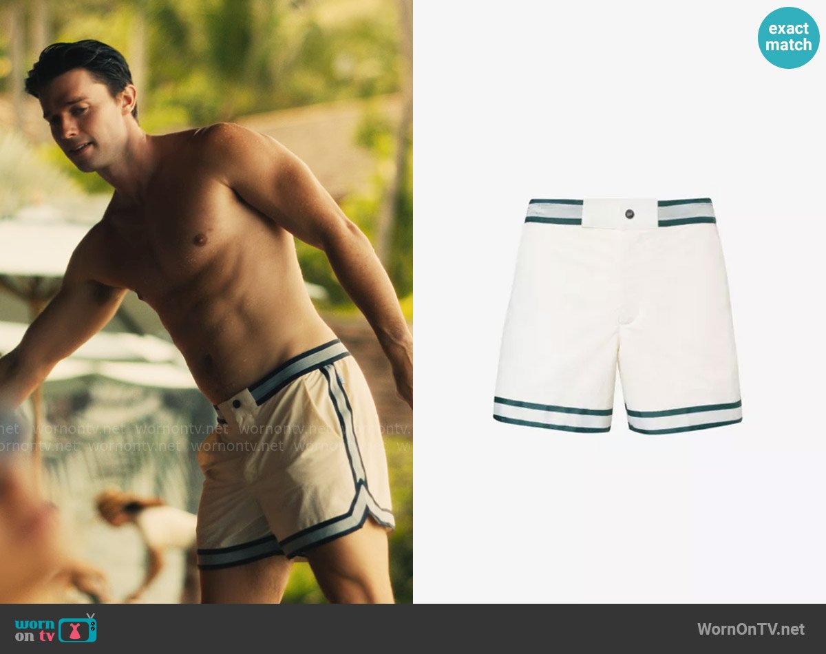 Saxon’s white swim shorts with striped trim on The White Lotus