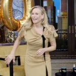 Chelsea Handler’s beige dress with contrast strap on Live with Kelly and Mark