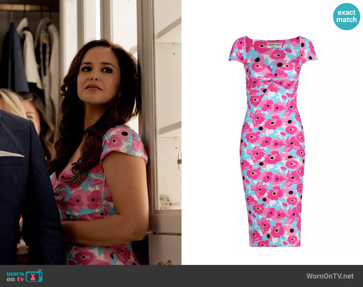 Chiara Boni La Petite Robe Battiata Sweetheart Floral Midi-Dress in Candy Blossom worn by Birdie (Melissa Fumero) on Grosse Pointe Garden Society