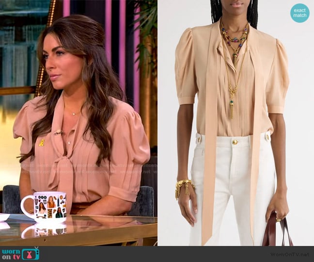 Chloe Tie Neck Short Sleeve Silk Crêpe de Chine Button-Up Shirt worn by Alyssa Farah Griffin on The View