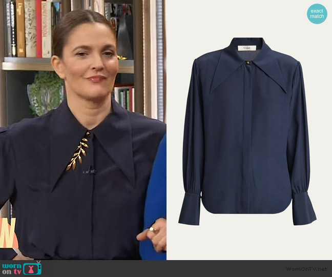 Chloe Crepe De Chine Button Down Top worn by Drew Barrymore on The Drew Barrymore Show