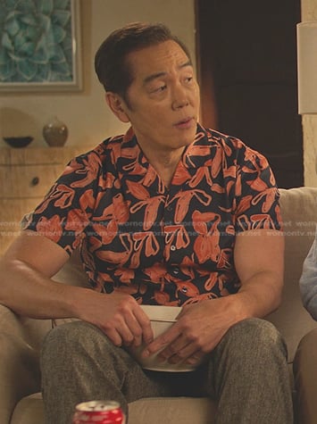 Chozen's orange and navy floral shirt on Cobra Kai