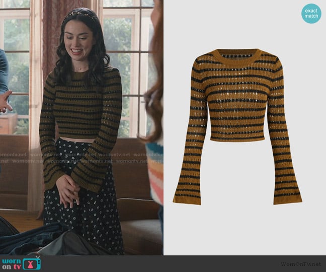 Cider Striped Hollow Out Bell Sleeve Crop Sweater worn by Annie Sullivan (Anneliese Judge) on Sweet Magnolias