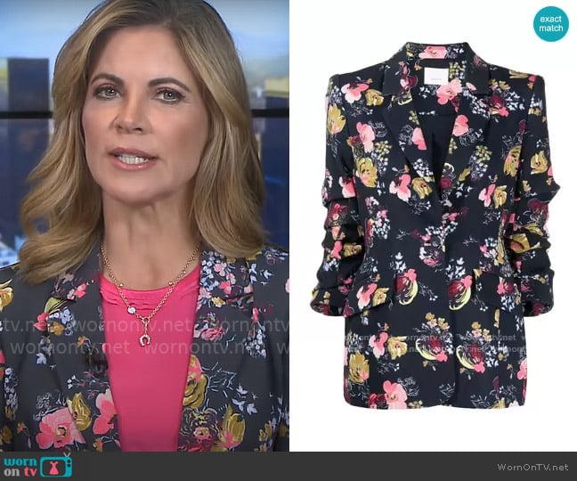 Cinq a Sept Floral Ruched Sleeve Blazer worn by Natalie Morales on CBS Mornings