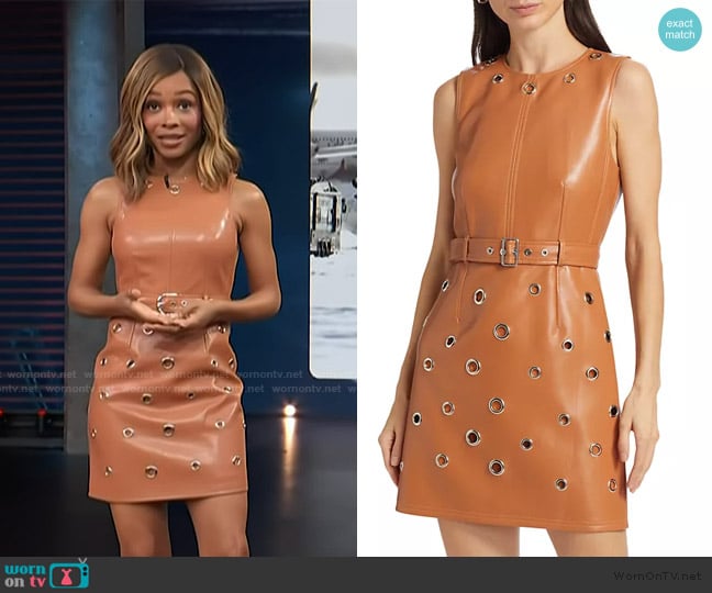 Zuri’s brown leather grommet detail sleeveless dress on Access Hollywood